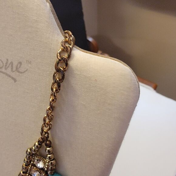 Howlite (Faux Turquoise) and Goldtone With Rhinestone Bib Statement Necklace - Picture 5 of 7